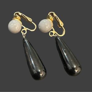 Vintage Clip Earring Teardrop Shaped Dangle Black Gray Tone Acrylic or Similar